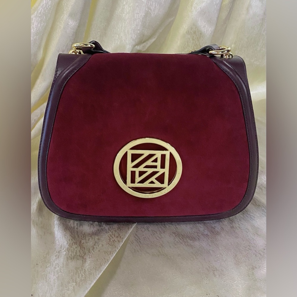 Rare Anne Klein Burgundy Suede Crossbody Bag – Gold Art Deco Logo
